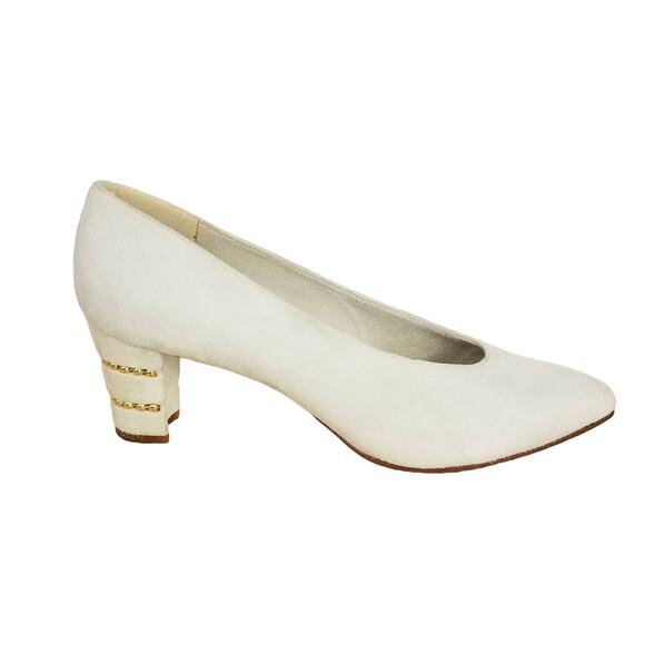 Stuart Weitzman | White Suede Heels Gold Details 6 - Picture 1 of 10